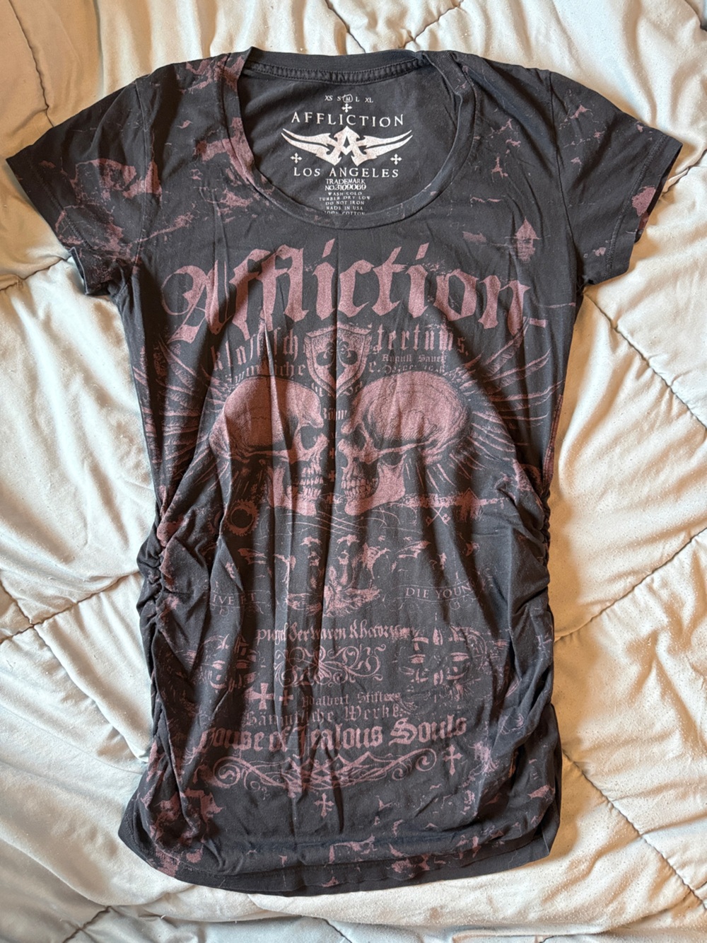 Affliction Black Tee with Faded Red Skull Graphic